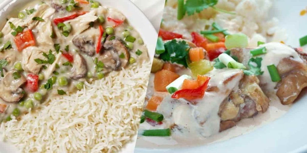 chicken-ala-king-and-long-grained-rice-mushroom-cream-sauce-bell-pepper