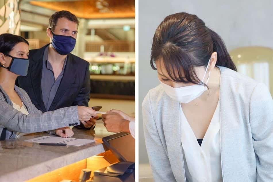 couple-frontdesk-credit-card-young-asian-woman-bow-mask
