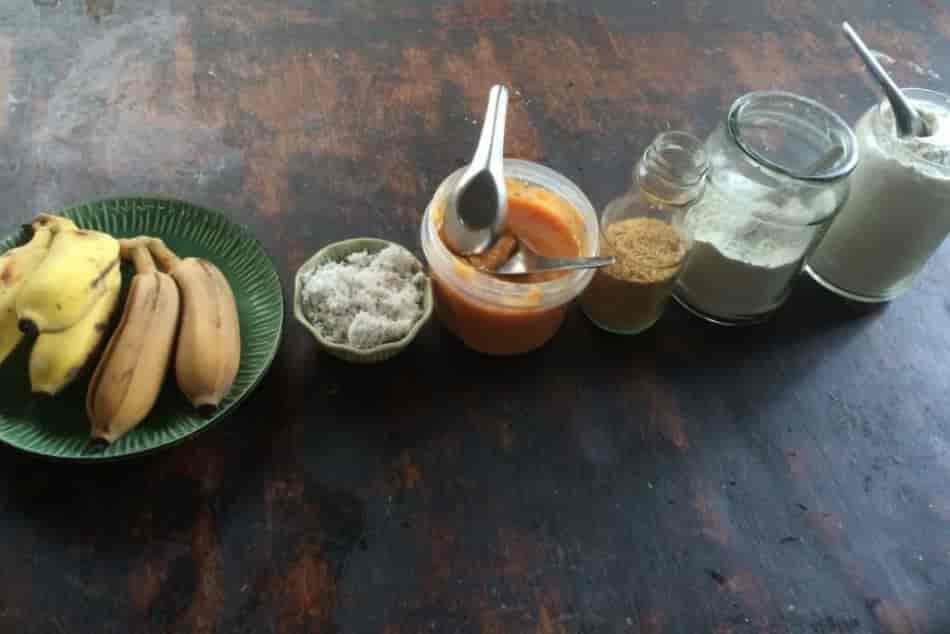 banana-plate-coconut-dessert-ingredients-jar-bottle-spoon