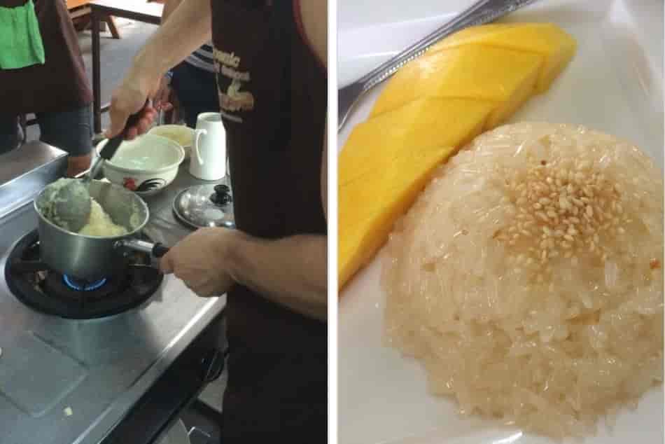 man-apron-cooking-sticky-rice-mango-sesame-seed-on-top