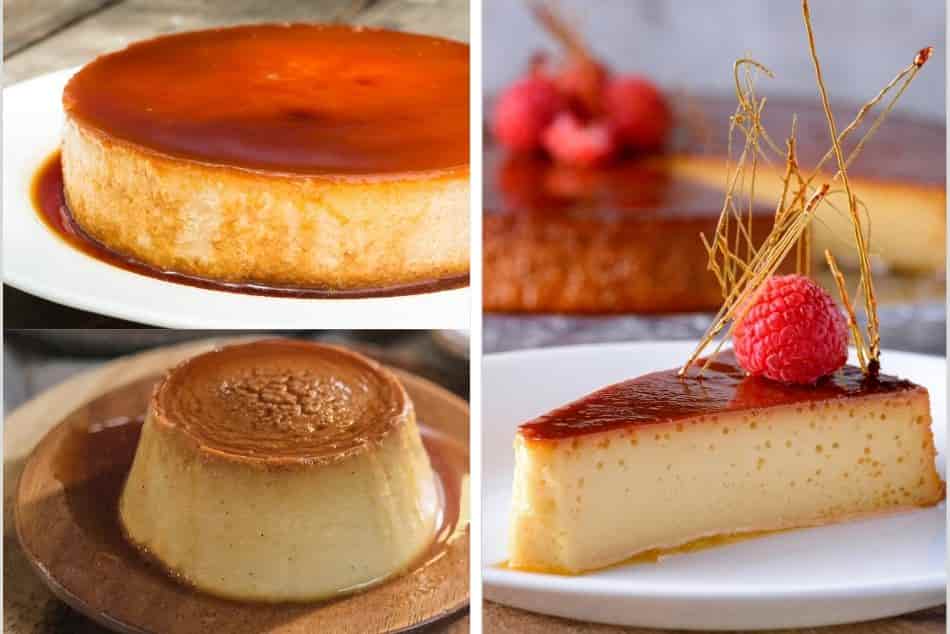 flan-de-queso-cheesecake-with-caramel-notes-garnished-wooden-plate
