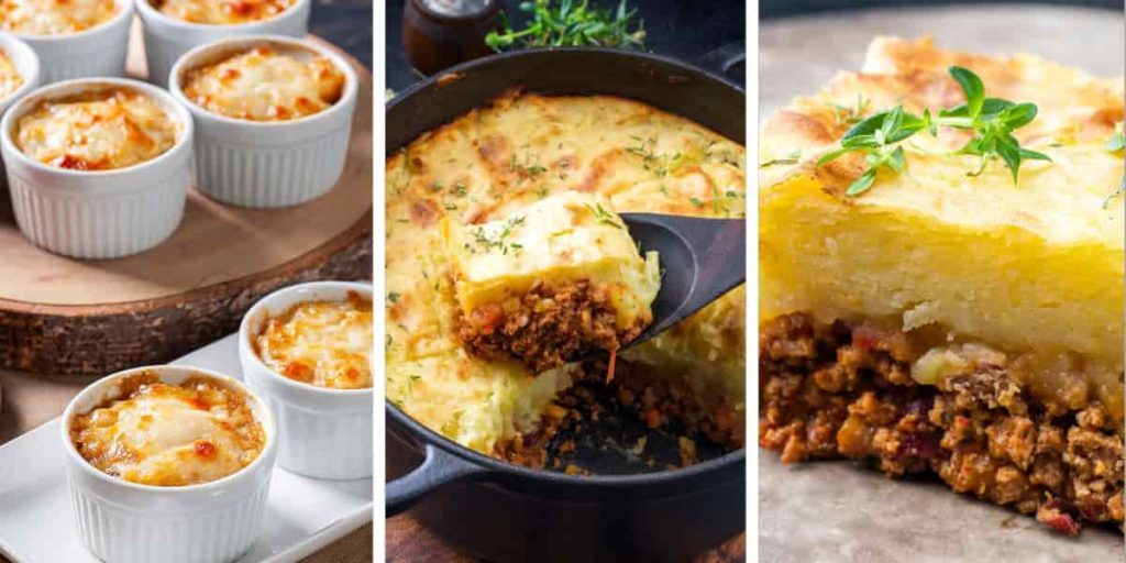 shepherds-pie-inside-white-bowl-spoonful-of-pie-meat-potato-leaves-on-top