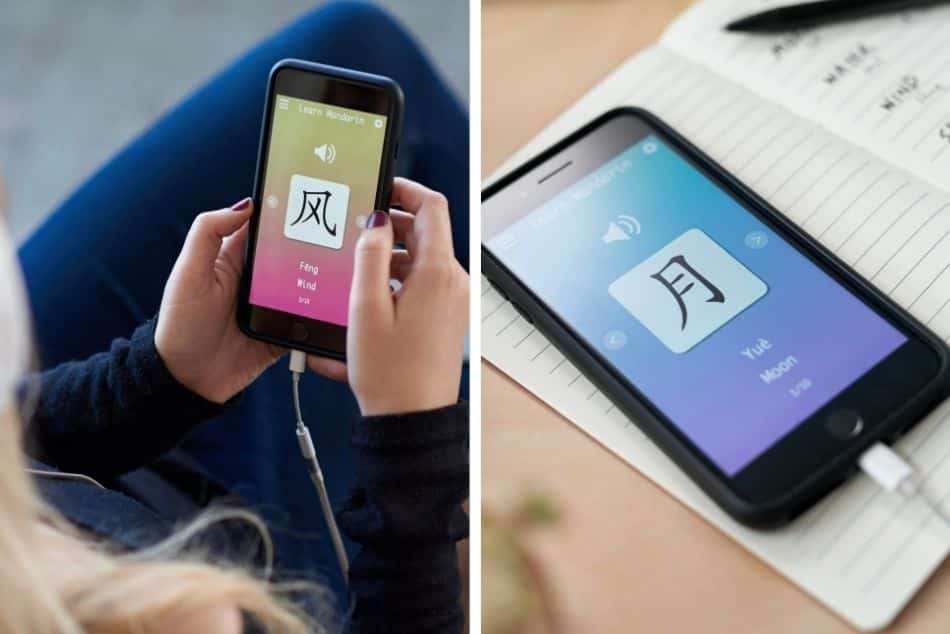 caucasian-woman-learning-mandarin-chinese-online-paper-iphone-charging