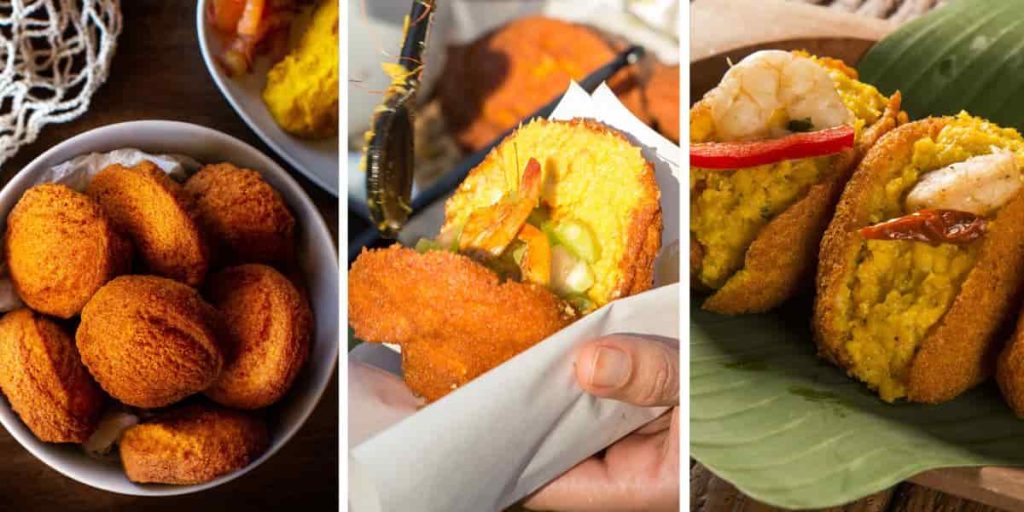 brazilian-fried-acaraje-spoon-yellow-filling-hand-shrimp-vatapa-chili-banana-leaf