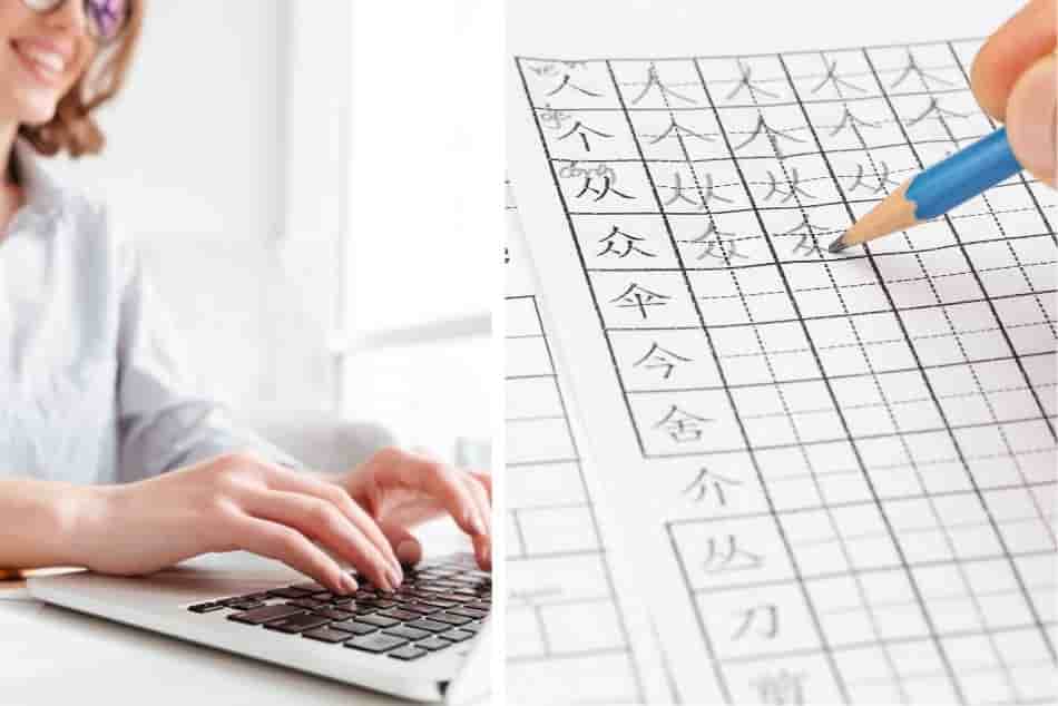 woman-typing-email-laptop-writing-chinese-character-guide-paper